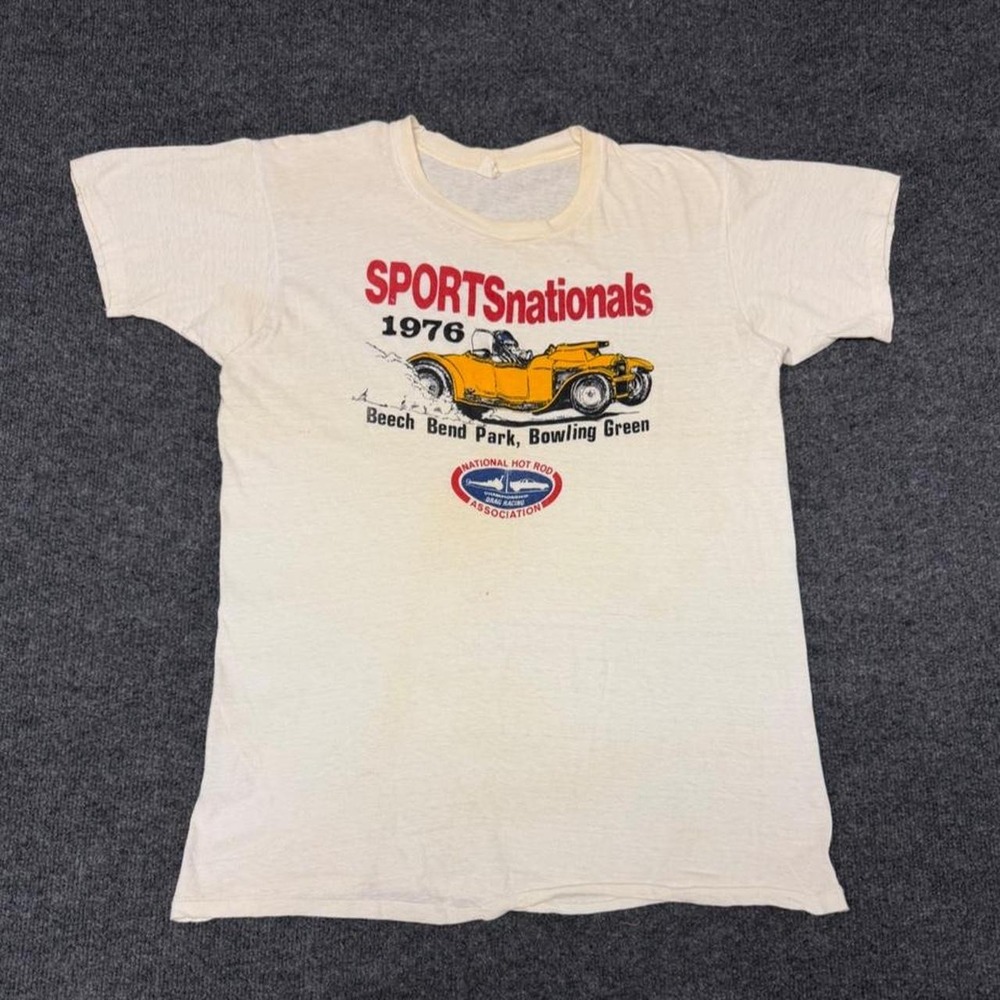 Vintage 1976 NHRA Sportsnationals Racing Tee Beech Bend Park Cream Mens XL